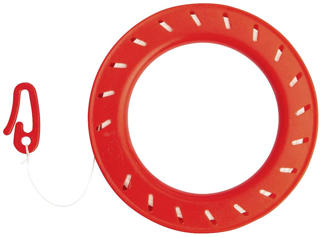 Anneau en plastique rouge avec des ouvertures et une corde fixée qui traverse l'anneau.