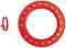 Un cercle en plastique rouge avec des trous blancs et une corde blanche attachée, se terminant par un crochet rouge. Utilisable pour tirer.