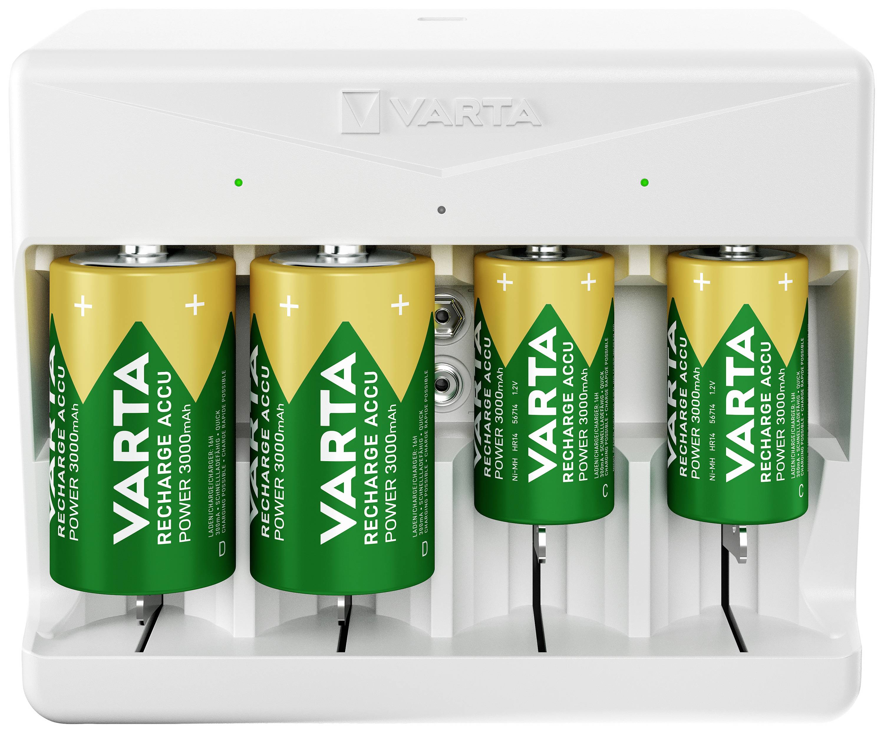 Chargeur de batterie Varta, quatre piles rechargeables vert-jaune insérées. Appareil avec des indicateurs LED pour l'état de charge. Nom de la marque visible en haut.