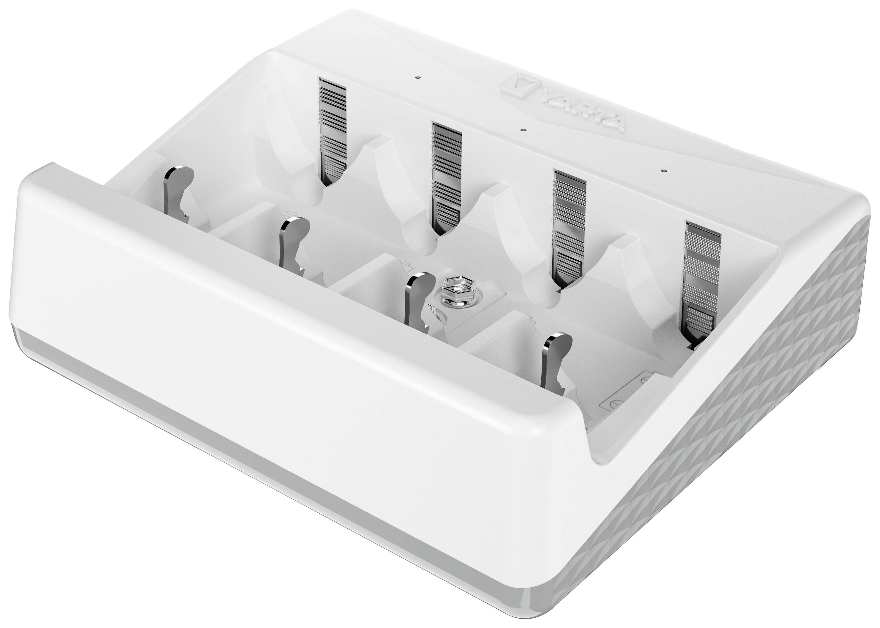 Une station de charge blanche avec plusieurs emplacements, adaptée pour charger de petits appareils ou batteries.