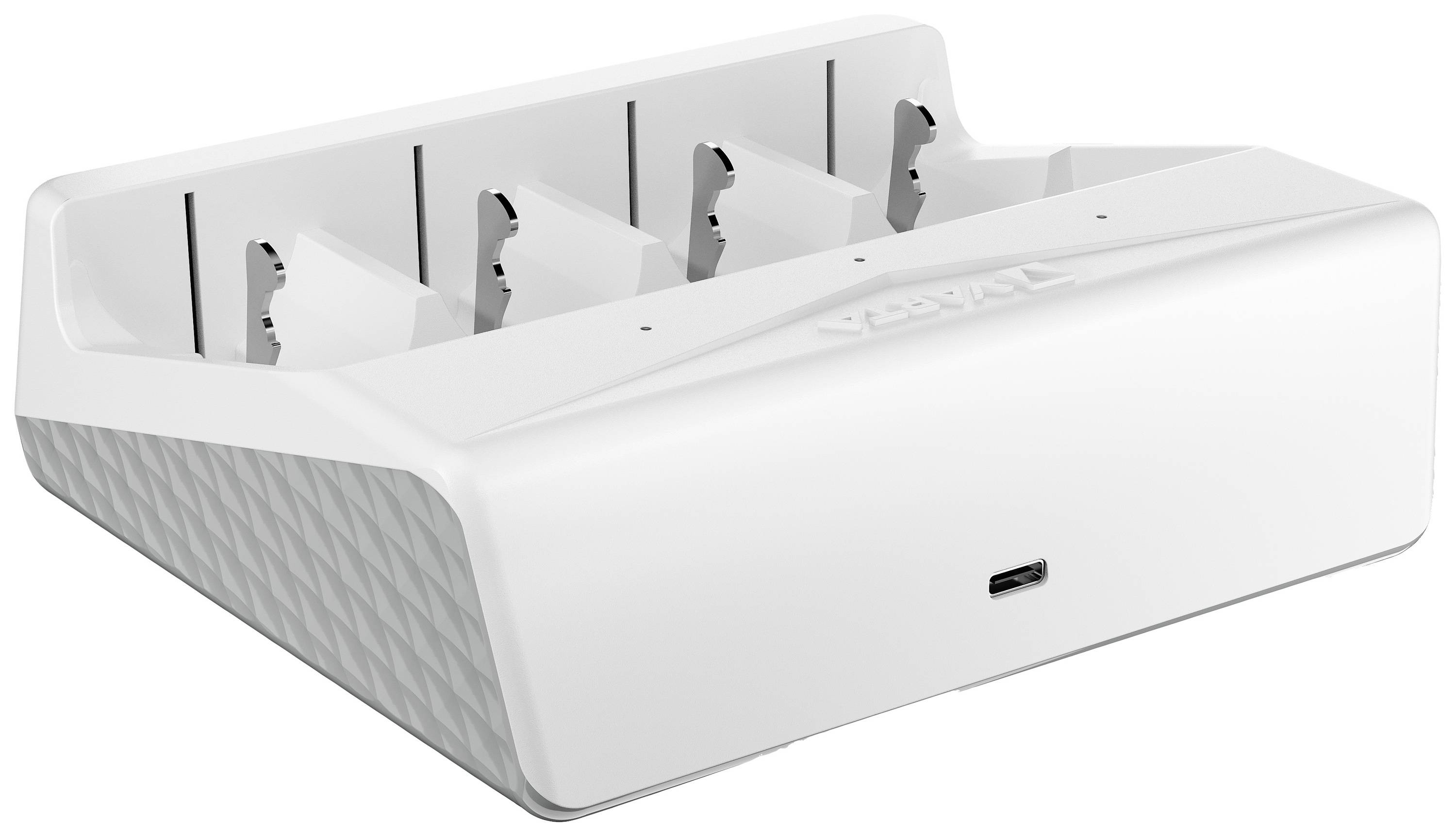Un chargeur blanc avec plusieurs emplacements permettant de charger simultanément quatre appareils. Un port USB est situé sur la face avant.