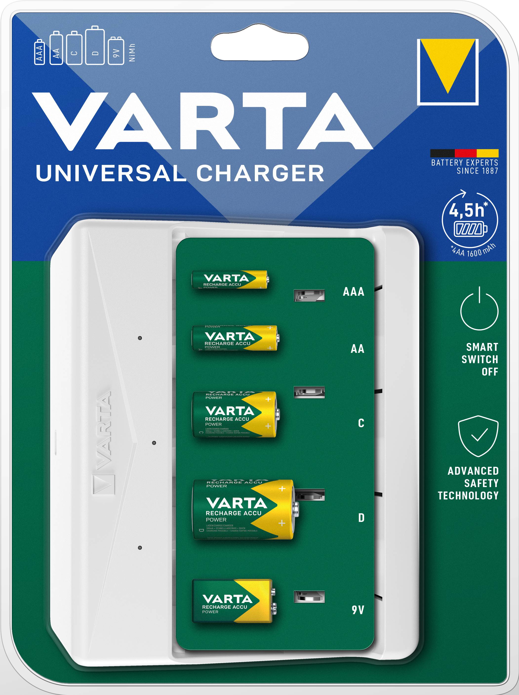 Un chargeur universel Varta avec quatre batteries de tailles AA, C, D et 9V. L'emballage met en avant la technologie « Smart Switch Off » et « Advanced Safety Technology ».