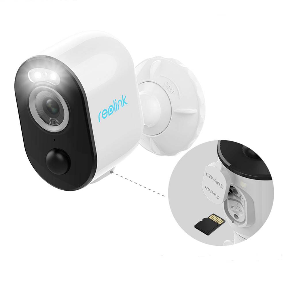 Caméra de surveillance sans fil de Reolink avec fente pour carte SD, projecteur LED et support mural.