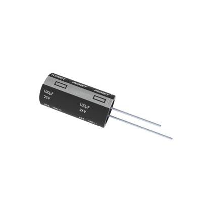 Un condensateur électrolytique portant l'inscription '100µF 25V' avec deux fils de connexion.
