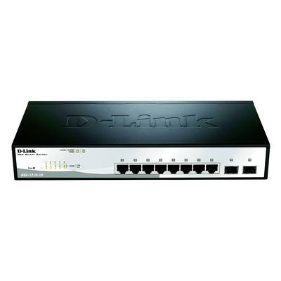 Un commutateur réseau noir de D-Link avec huit ports Ethernet et deux ports à fibre optique. Des voyants LED sont visibles sur la face avant.