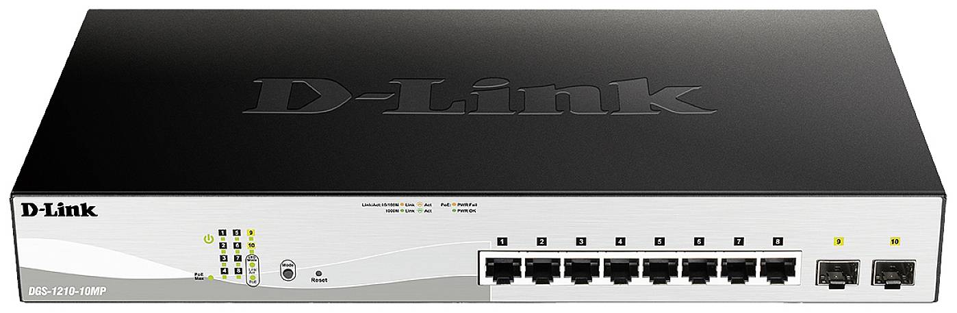 Un commutateur réseau D-Link avec neuf ports Ethernet et deux ports supplémentaires. Modèle : DGS-1210-10MP.