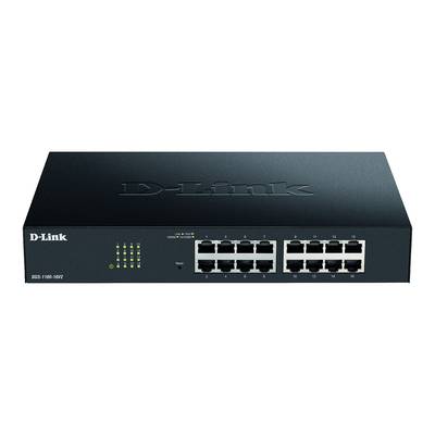 Capture d'écran d'un commutateur réseau D-Link à 16 ports Ethernet. Indicateurs LED à gauche pour le statut et l'activité.