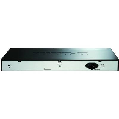 Un appareil électronique argenté avec un dessus noir et plusieurs ports, probablement un dispositif réseau ou informatique.