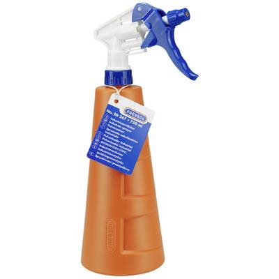 Bouteille de pulvérisation orange avec buse bleue et étiquette. Adaptée à l'utilisation avec des produits de nettoyage et étiquetée dans plusieurs langues.