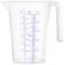 'Bécher doseur en plastique transparent avec échelle graduée en millilitres et litres jusqu'à 500 ml. Poignée ergonomique sur le côté droit.'