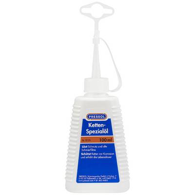 Une bouteille blanche d'huile spéciale pour chaînes de Pressol, contenant 100 ml. L'étiquette met l'accent sur la protection et l'entretien des chaînes.