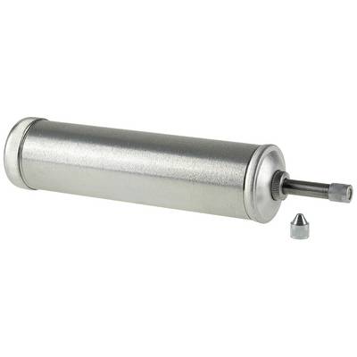 Une presse à graisse en argent avec un embout amovible, disposée horizontalement. Utilisée pour appliquer précisément des lubrifiants.
