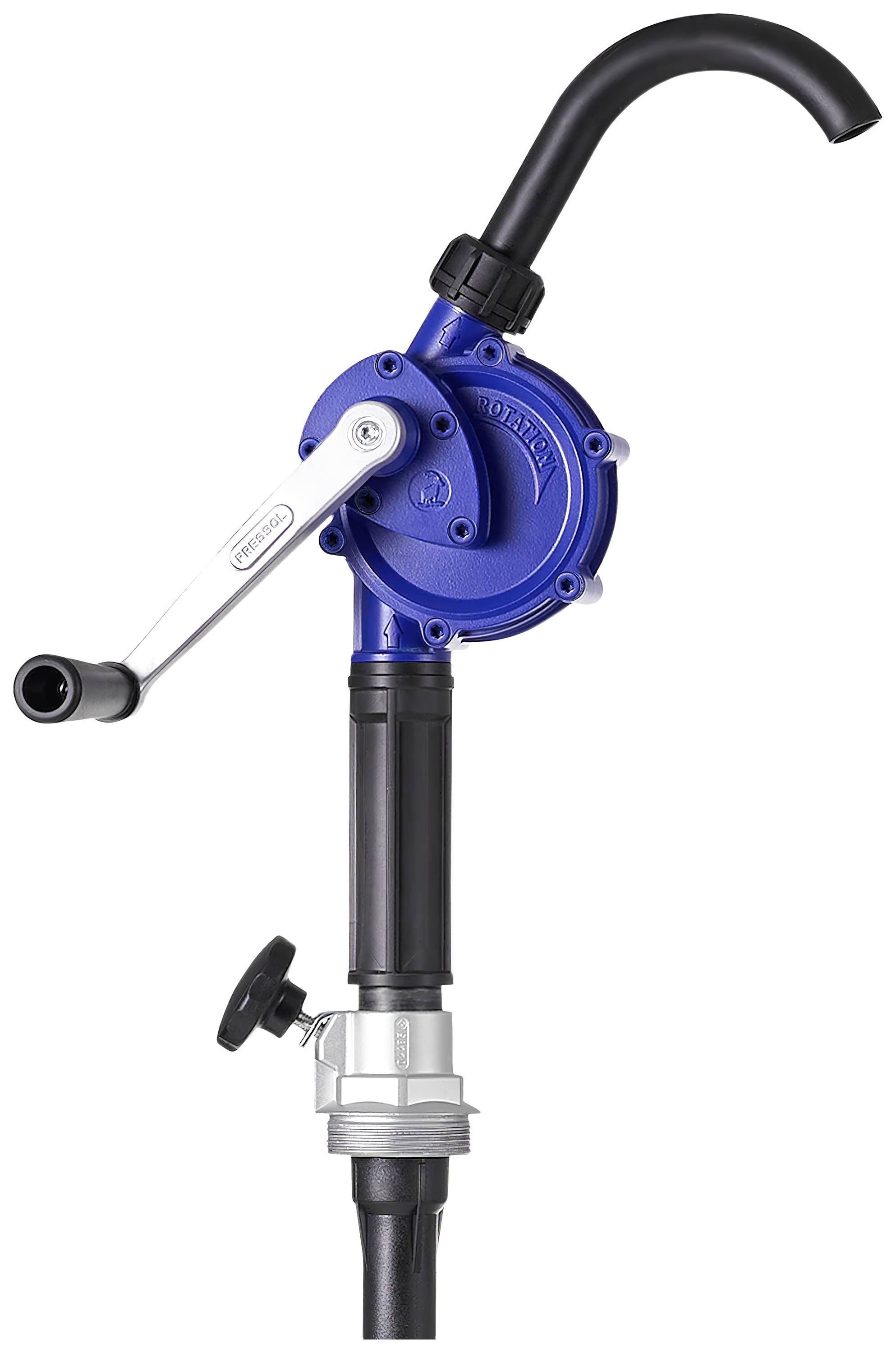 Pompe manuelle en bleu et noir avec manivelle et tuyau de décharge, adaptée pour le soutirage de liquides à partir de fûts.