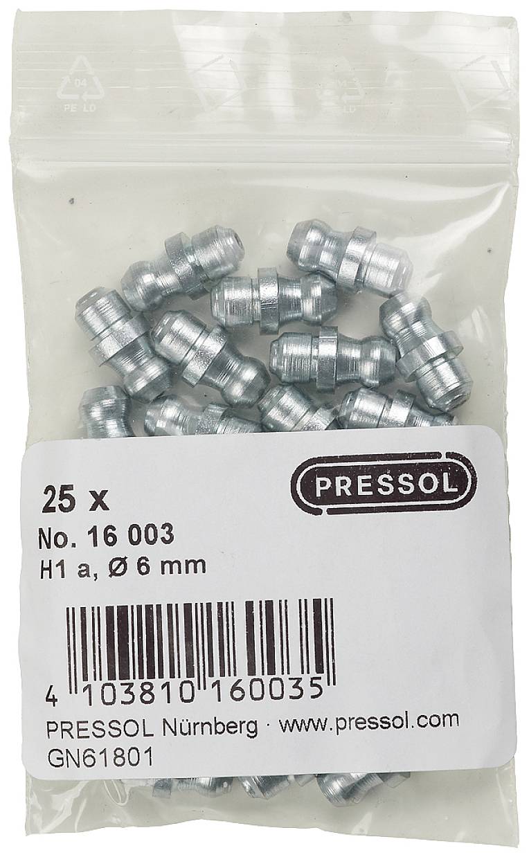 Un sac en plastique transparent contient 25 graisseurs argentés de la marque Pressol, numéro d'article 16003, taille Ø 6 mm.