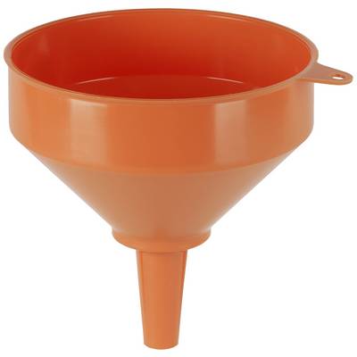 Un entonnoir en plastique orange avec une grande ouverture et un col étroit. Idéal pour verser des liquides dans des contenants étroits.