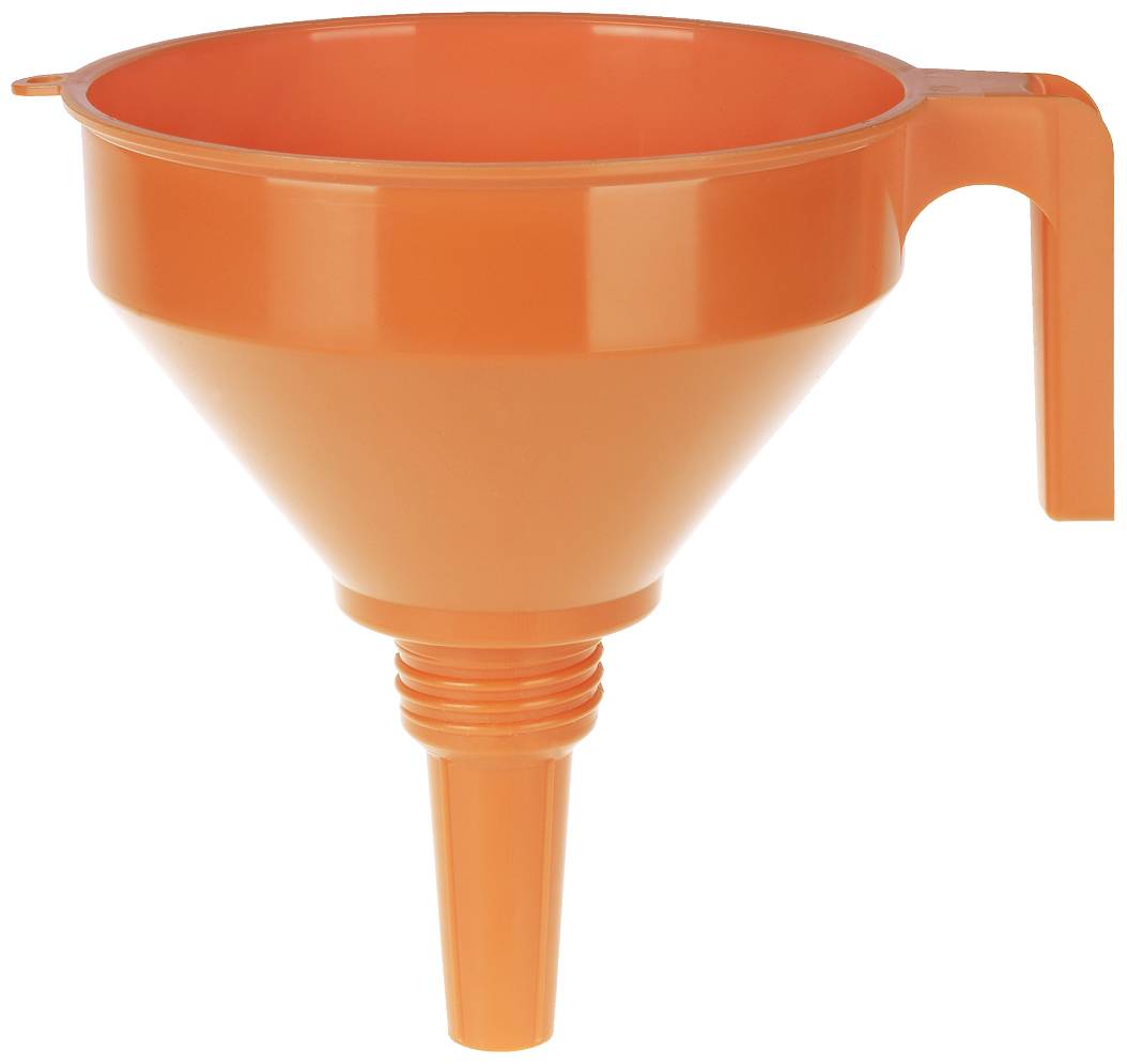 Un entonnoir orange en plastique avec une poignée et une ouverture étroite en bas, idéal pour transvaser des liquides.