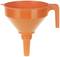 Un entonnoir orange en plastique avec une poignée et une ouverture étroite en bas, idéal pour transvaser des liquides.