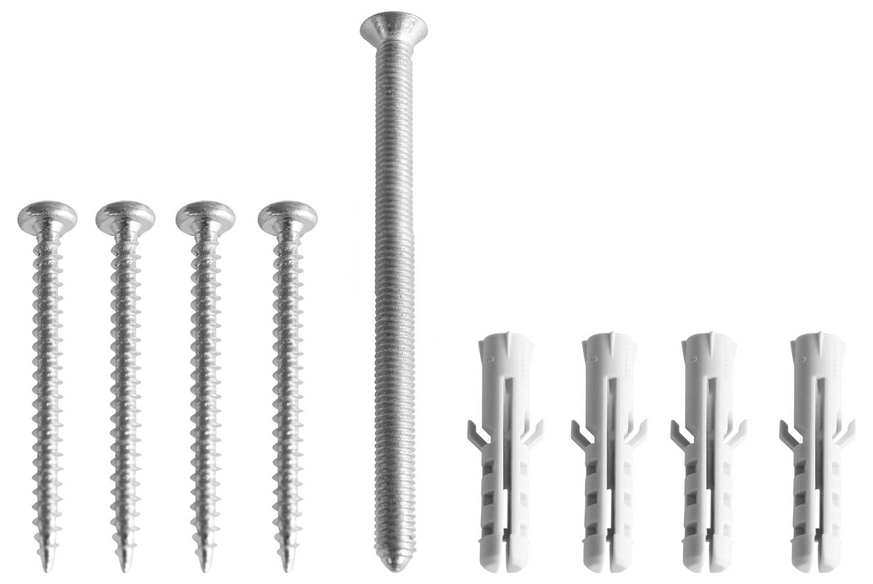 Six vis en argent de différentes longueurs et six chevilles blanches, disposées sur un fond blanc.