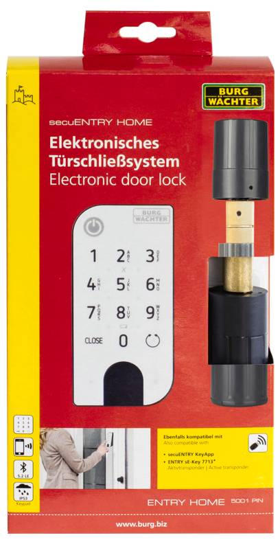 Système électronique de fermeture de porte de Burg-Wächter. Montre l'emballage avec une image du produit et un texte en anglais et en allemand.
