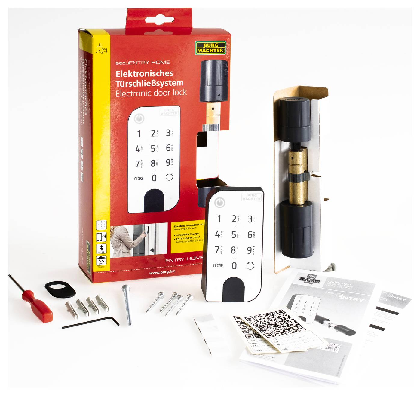 Système électronique de fermeture de porte avec emballage, manuel, code QR, vis, tournevis, cylindre et panneau de commande avec touches.