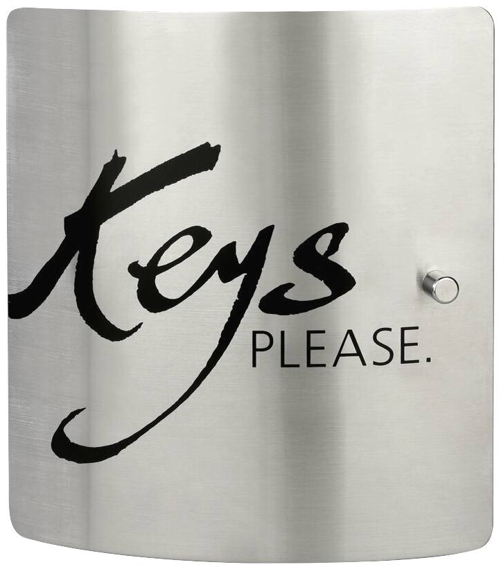 Une boîte en métal argenté portant l'inscription « Keys Please. » en lettres noires.