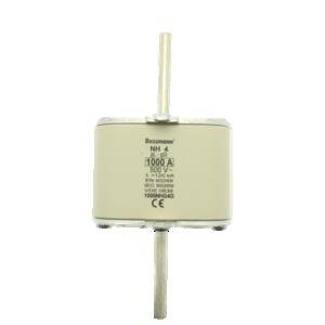 Un fusible cylindrique avec bornes métalliques et l'inscription « 1000 A, 500 V ». Boîtier de couleur beige.