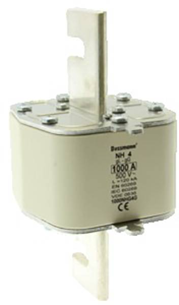 Fusible NH 4 de 1000 A et 500 V, boîtier beige, contacts métalliques en haut et en bas, marquage CE visible à l'avant.