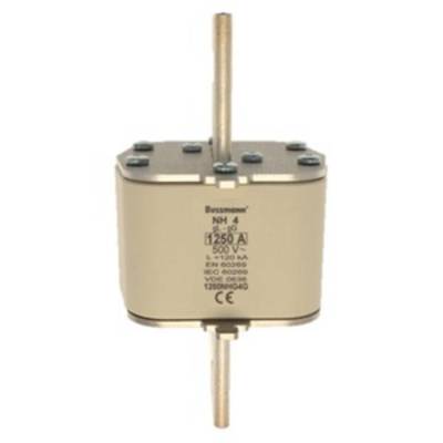 Fusible avec étiquette 'Bussmann NH 4', 1250 A, 500 V, entouré de écrous hexagonaux, boîtier isolé.