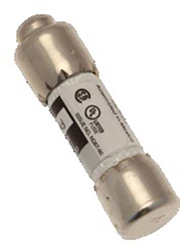 Un fusible cylindrique avec des embouts métalliques aux deux extrémités et une étiquette au centre indiquant des spécifications techniques.