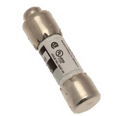 Un fusible cylindrique avec des embouts métalliques aux deux extrémités et une étiquette au centre indiquant des spécifications techniques.