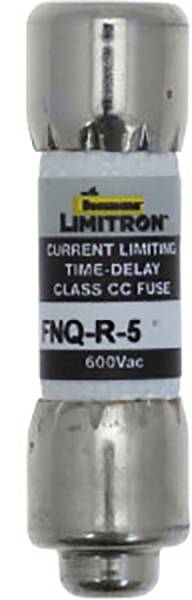 'Type de fusible : FNQ-R-5, Tension : 600V AC, Marque : Bussmann, Caractéristiques : Temporisé, Limiteur de courant, Classe : CC.'