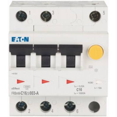 Un disjoncteur de protection tripolaire Eaton avec marquage C16, courant nominal de 16A, adapté pour une utilisation dans des installations électriques jusqu'à 415V.
