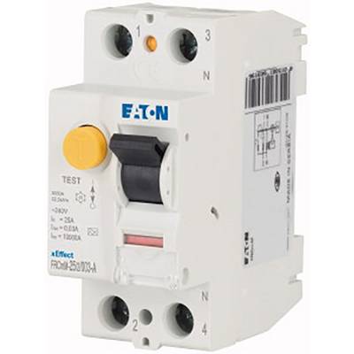 Un disjoncteur différentiel blanc avec un bouton de test jaune et un levier noir, portant la marque 'Eaton' et des spécifications techniques.