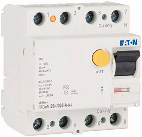 Un disjoncteur différentiel blanc (RCD) avec un bouton de test jaune et un interrupteur noir, portant la mention 'Eaton'.