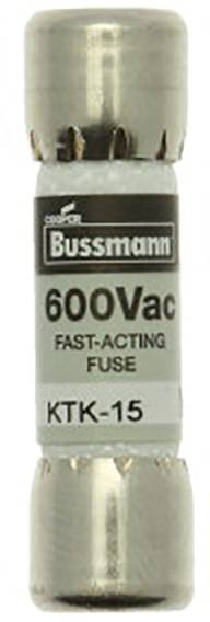 Un fusible Bussmann avec l'inscription '600Vac FUSIBLE À ACTION RAPIDE KTK-15', de forme cylindrique, à embouts métalliques et boîtier en céramique.