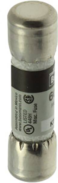 Fusible avec embouts métalliques et étiquette en papier. Fragments de texte sur l'étiquette : « 6A » et « 250V ». Composant électronique pour l'interruption de circuit électrique.