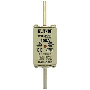 'Eaton Busmann Série Fusible, 100A, IEC 60269-2, 120kA, 500V, NH00z, 100NHG02B. Partie principale avec écriture métallique et symboles techniques.'