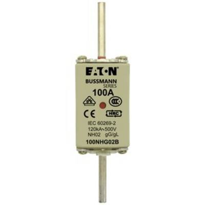 'Eaton Busmann Série Fusible, 100A, IEC 60269-2, 120kA, 500V, NH00z, 100NHG02B. Partie principale avec écriture métallique et symboles techniques.'