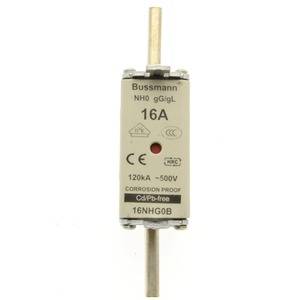 Un fusible NH de Bussmann avec l'inscription '16A', adapté pour 120kA et 500V, indiqué comme 'résistant à la corrosion'.