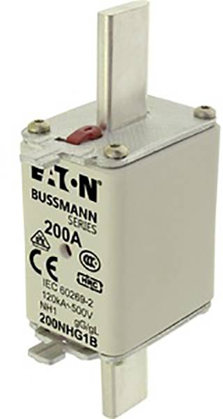 Fusible Bussmann série 200A d'Eaton, norme IEC 60269-2, 120kA-500V, NH1, modèle 200NHG1B, avec marquages CE et CCC.