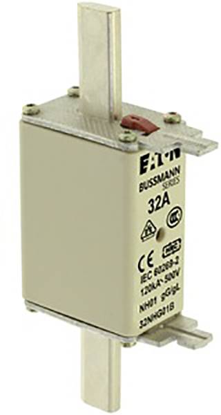 Un fusible de la marque Eaton Bussmann Series d'une intensité de 32A, boîtier métallique non peint, avec indicateur rouge en haut.