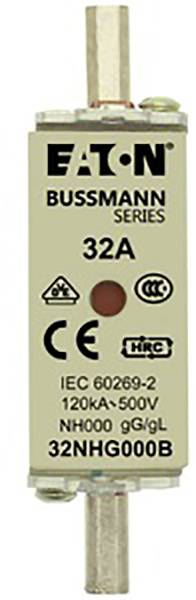 Fusible de la série Eaton Bussmann, 32A. Contient les marquages CE et RoHS, modèle '32NHG000B', norme IEC 60269-2.