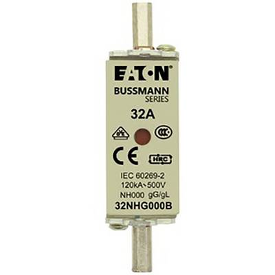 Fusible de la série Eaton Bussmann, 32A. Contient les marquages CE et RoHS, modèle '32NHG000B', norme IEC 60269-2.