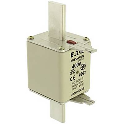 Disjoncteur Eaton Bussmann, 400A, avec marquage CE. Couleur argent et beige, avec des marquages rouges et noirs.
