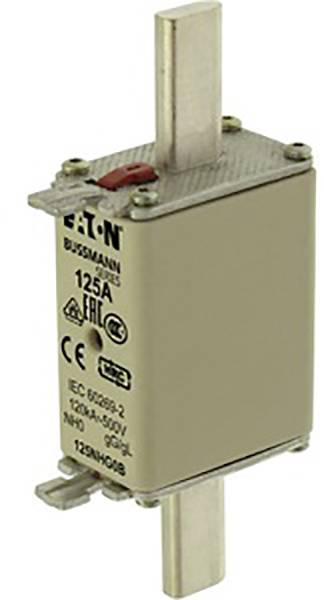 Fusible 'Eaton Bussmann 125A', indiquant les valeurs de courant et de tension, certifié CE et RoHS.