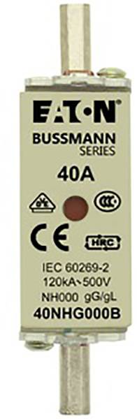 'Fusible 40A de marque Eaton, série Bussmann, 120kA-500V, type NH000 gG/gL, avec marquage CE et HRC.'