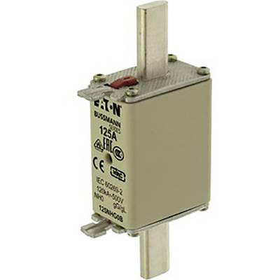 'Fusible de 125A de la marque Eaton, modèle Bussmann. Marqué EAN et CE, adapté pour 500V, conforme à la norme EC 60269-2.'