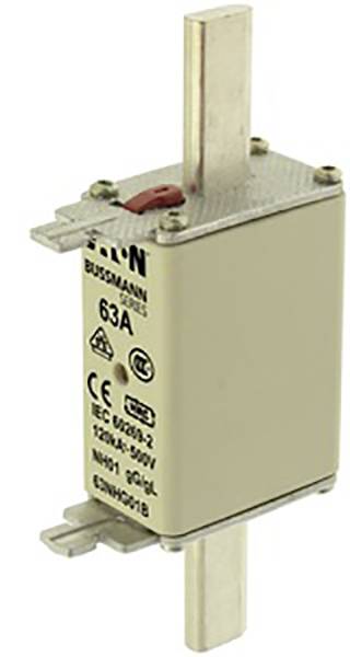 Fusible industriel avec l'inscription '63A', modèle Bussmann. Adapté pour des applications jusqu'à 500V, conforme aux normes IEC.
