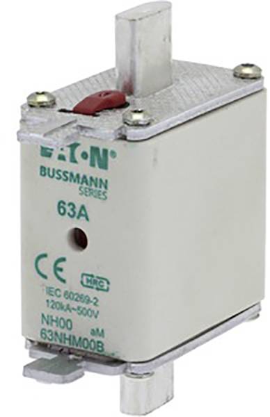 L'image montre un fusible NH de la marque Bussmann. Le fusible est étiqueté '63 A' et est adapté pour 120 kA à 500 V.