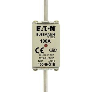 Un fusible électrique de la marque Eaton Bussmann de 100 ampères. Convenant pour 120 kA, 500V, conformément à la norme IEC 60269-2.